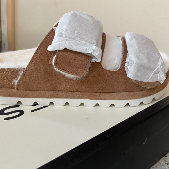 Tan Faux Fur-Lined Suede Slides from J/SLIDES - Picture 3 of 9